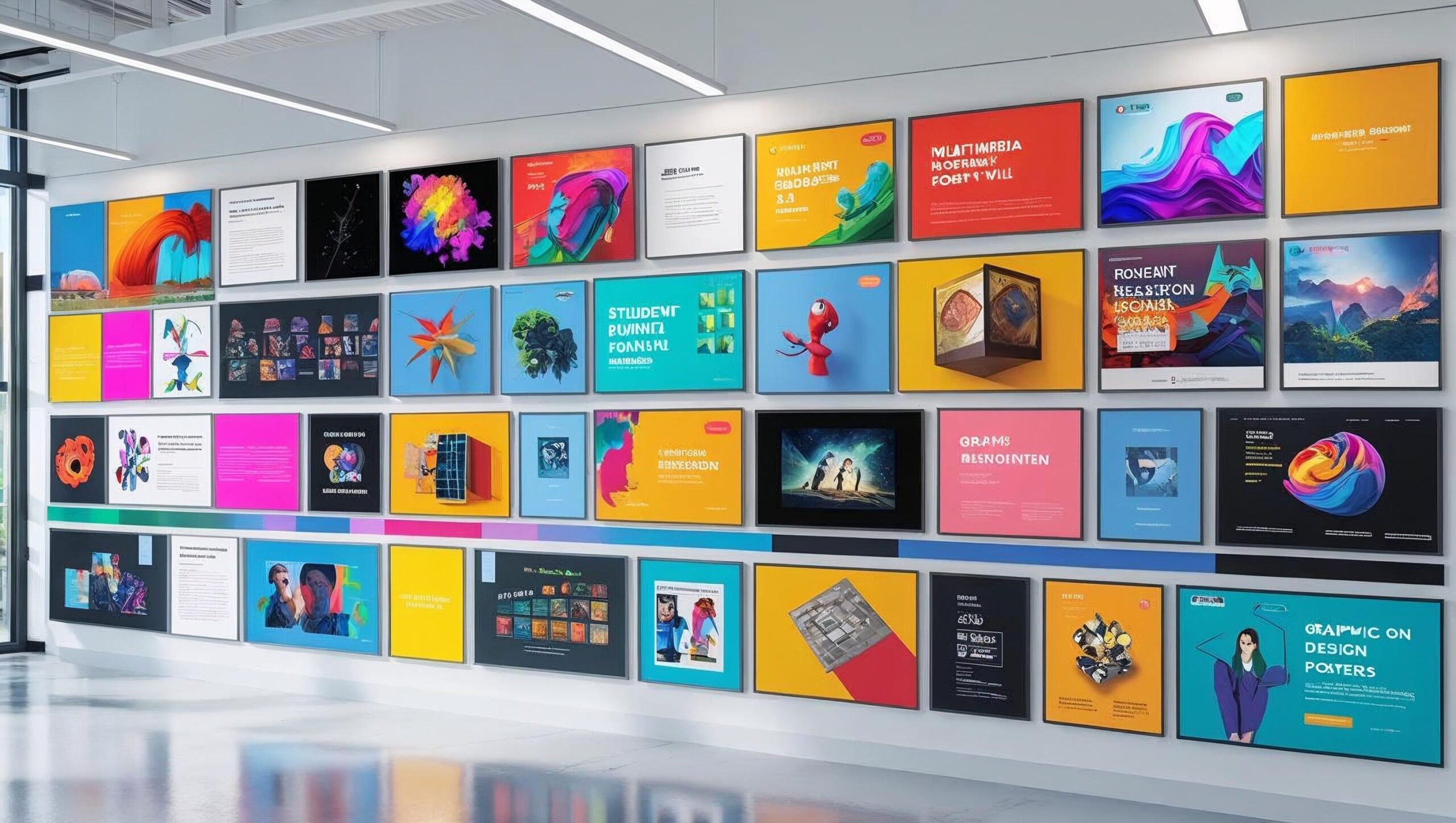 DE display wall in creative labs showing student multimedia